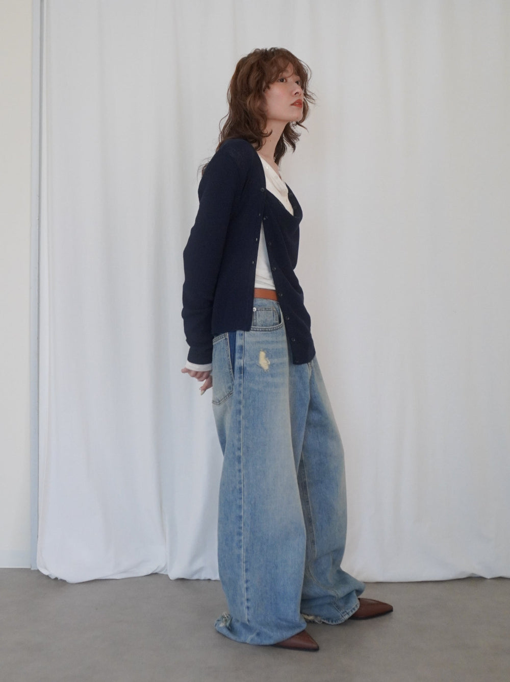 Asymmetric button-down リブカーディガン