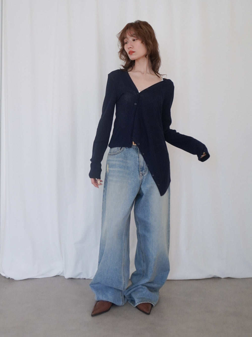Asymmetric button-down リブカーディガン
