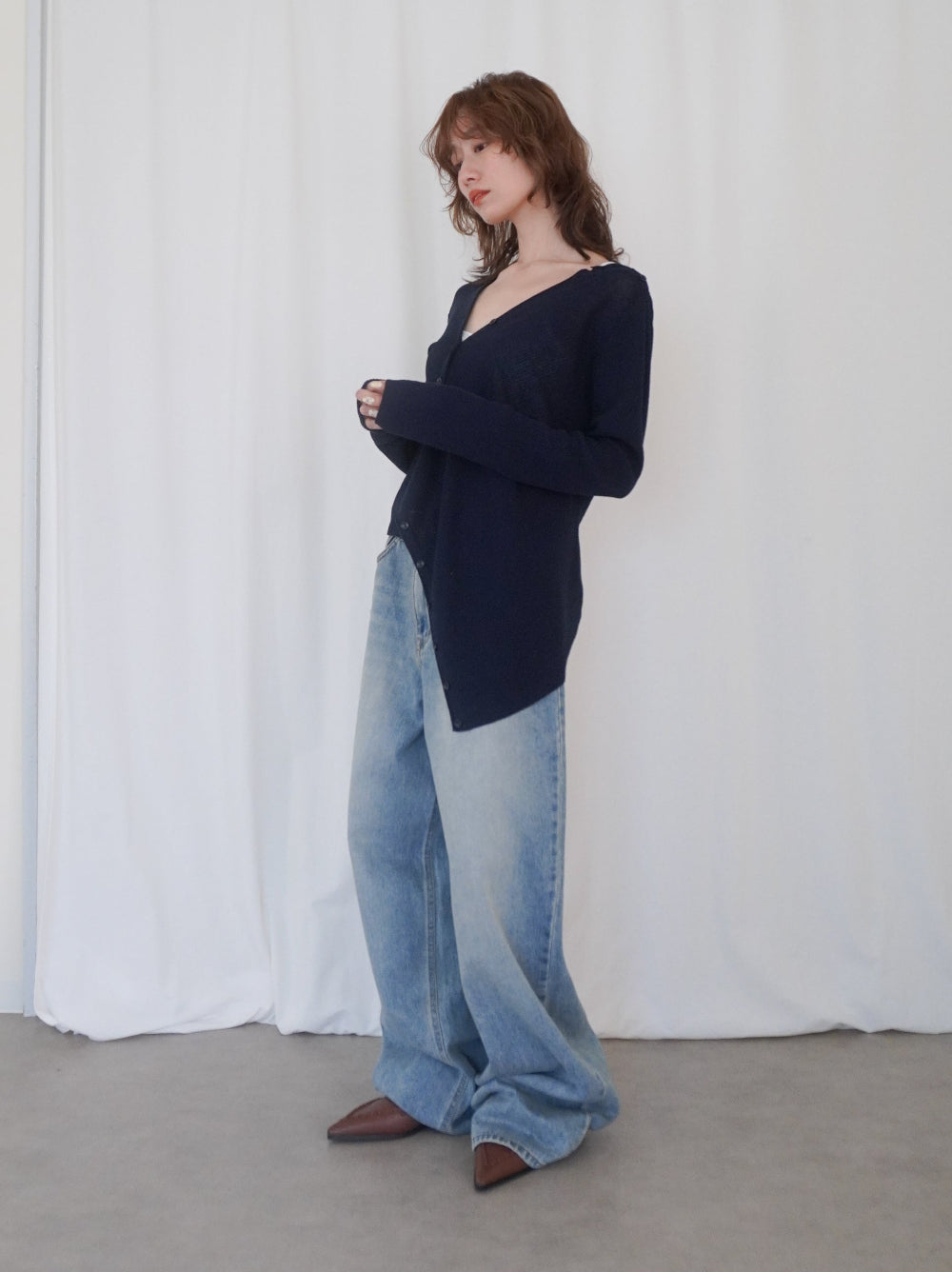 Asymmetric button-down リブカーディガン