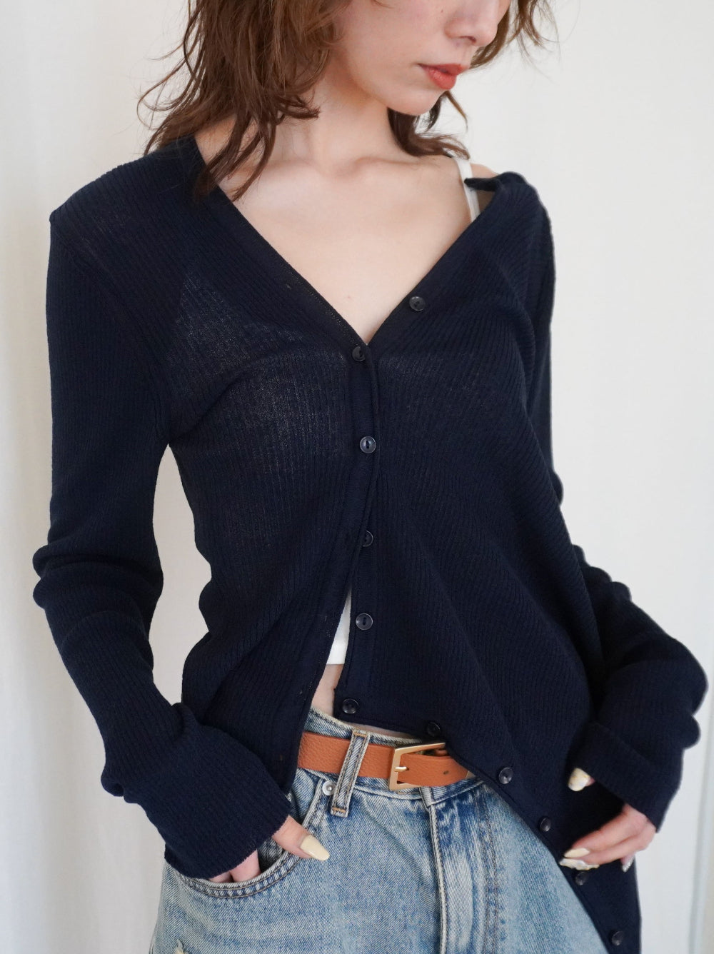Asymmetric button-down リブカーディガン