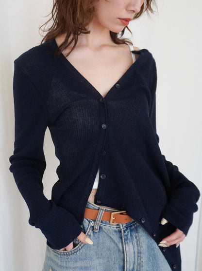 Asymmetric button-down リブカーディガン