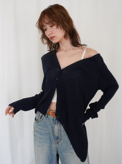 Asymmetric button-down リブカーディガン