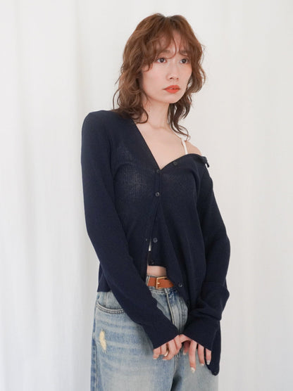 Asymmetric button-down リブカーディガン