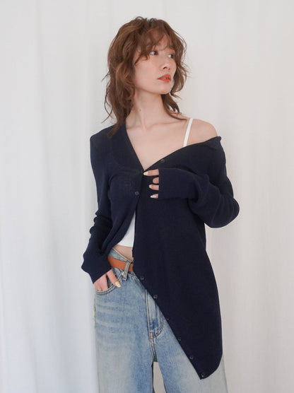 Asymmetric button-down リブカーディガン