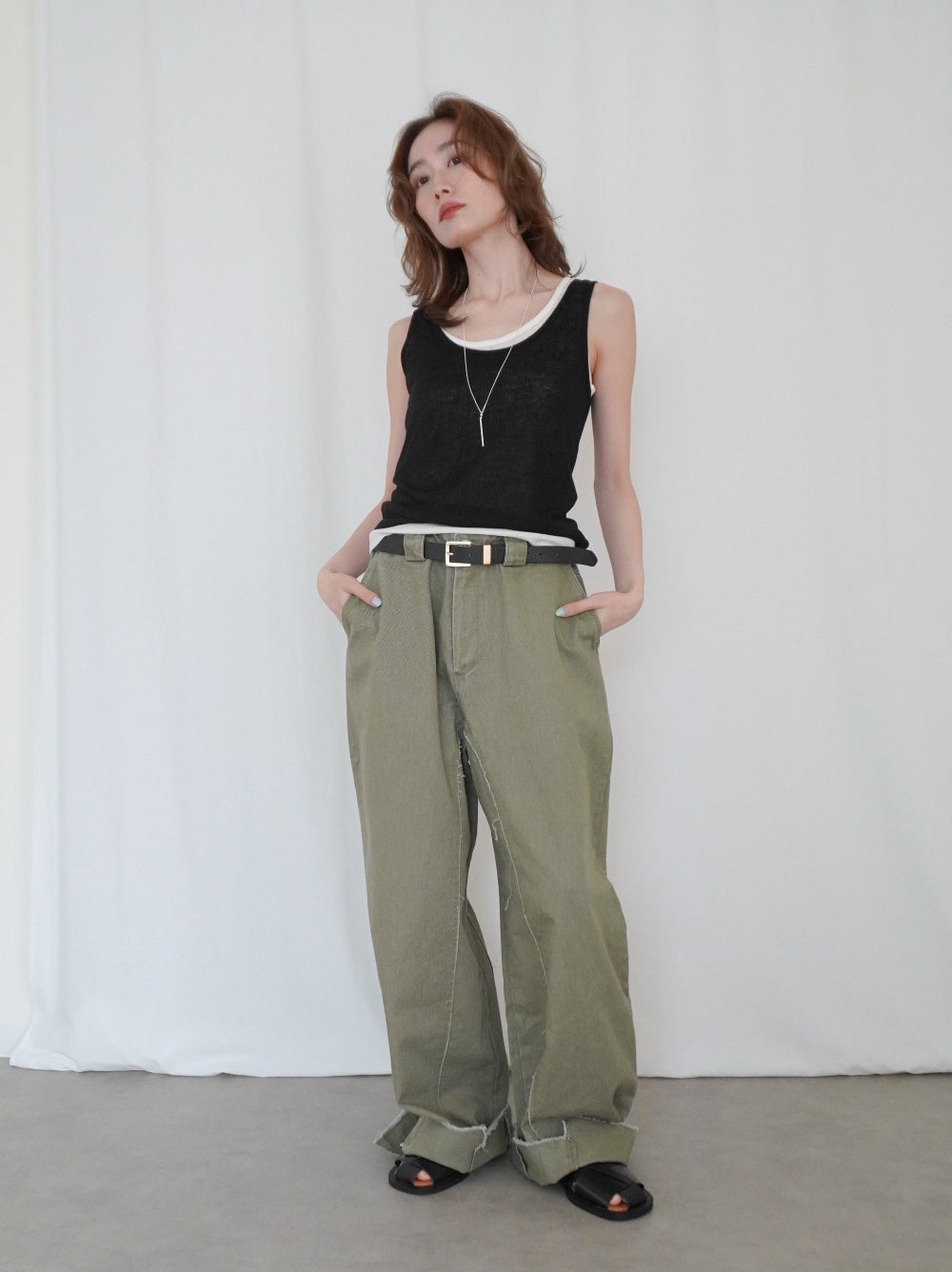 Hem cutoff ミリタリーワイドパンツ