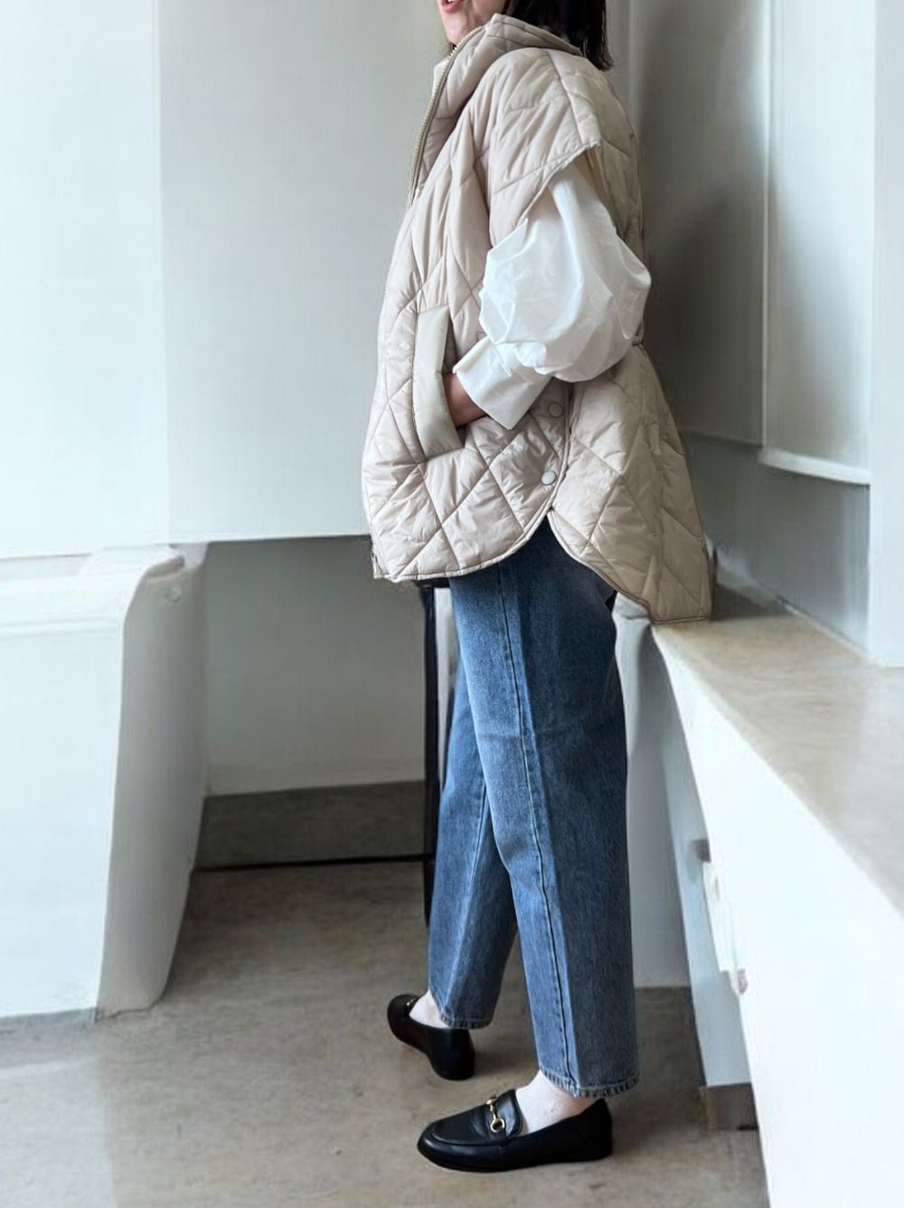 Drawstring waistキルティングダウンベスト