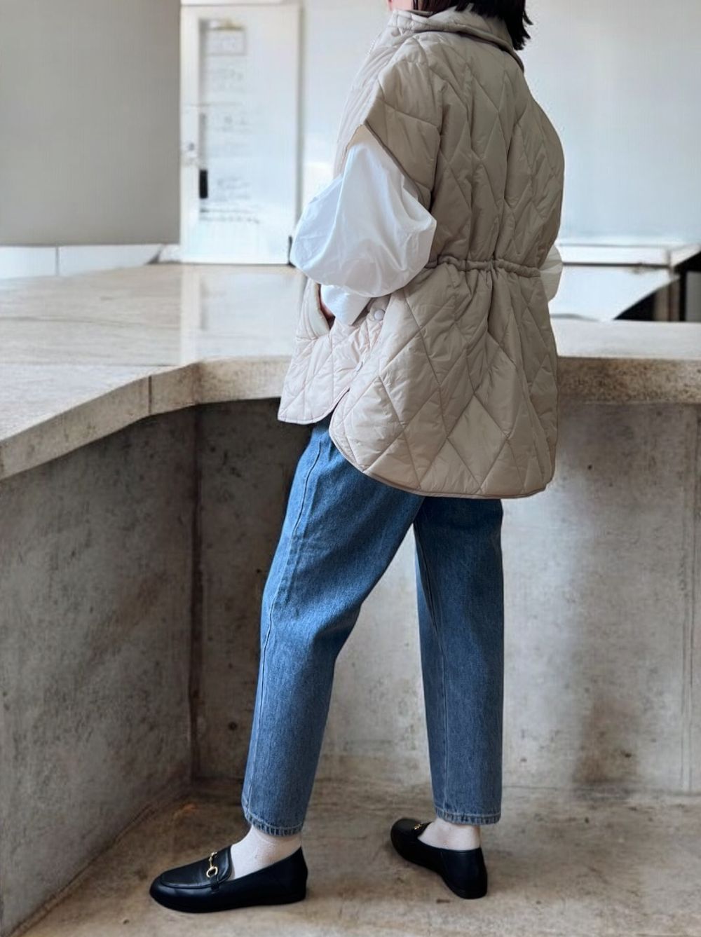 Drawstring waistキルティングダウンベスト