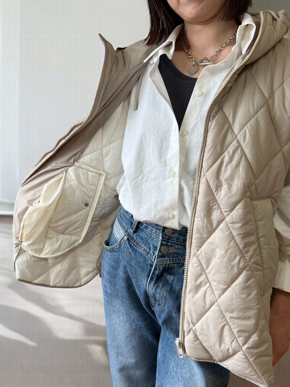 Drawstring waistキルティングダウンベスト