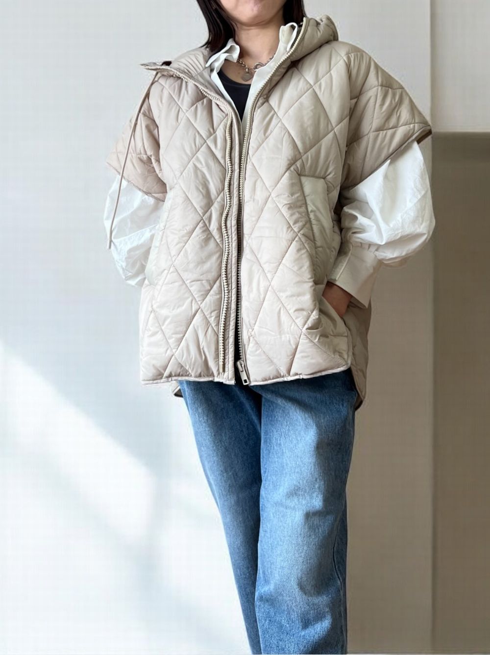 Drawstring waistキルティングダウンベスト