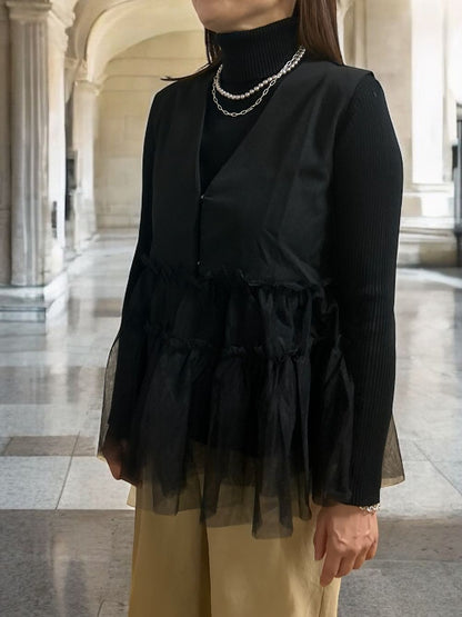 Chiffon frill Vネックペプラムベスト