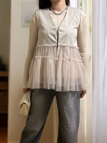 Chiffon frill Vネックペプラムベスト