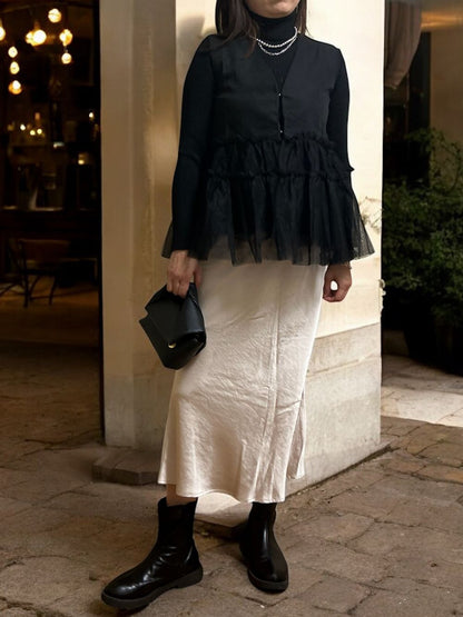 Chiffon frill Vネックペプラムベスト