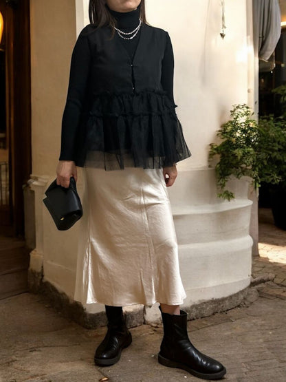 Chiffon frill Vネックペプラムベスト