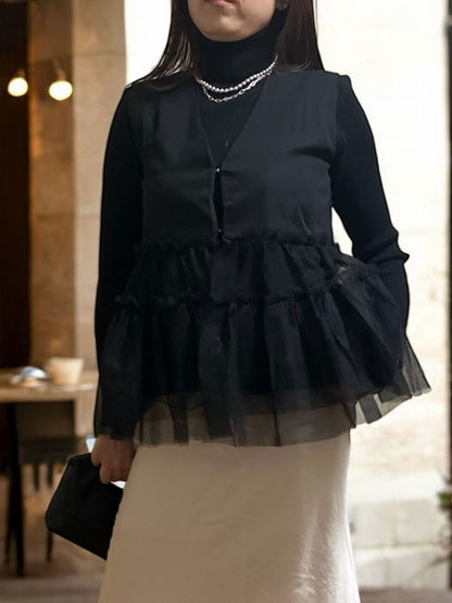 Chiffon frill Vネックペプラムベスト