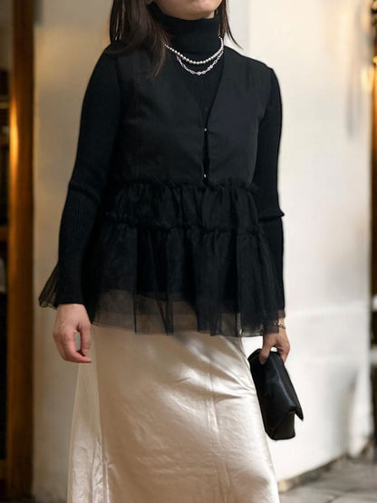 Chiffon frill Vネックペプラムベスト