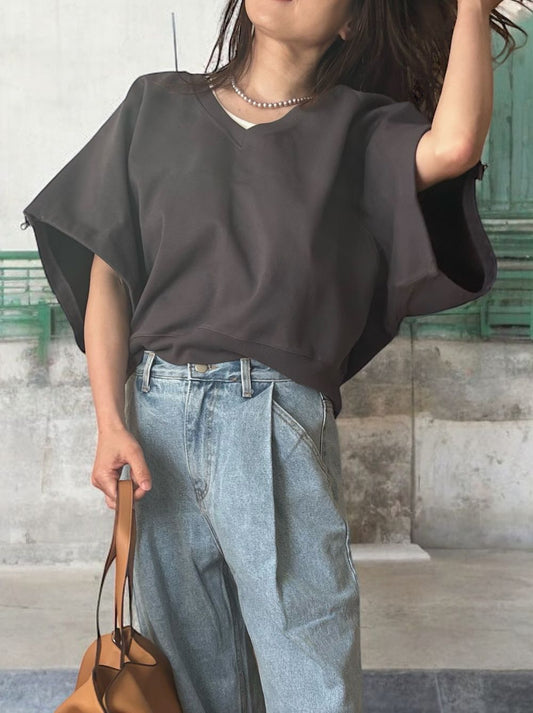 Drawstringsh short sleeve Vネックトップス