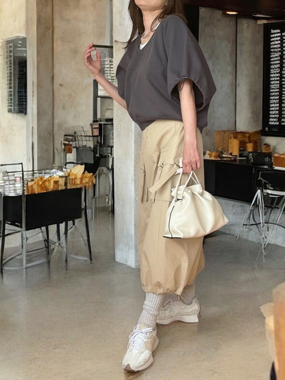 Drawstringsh short sleeve Vネックトップス