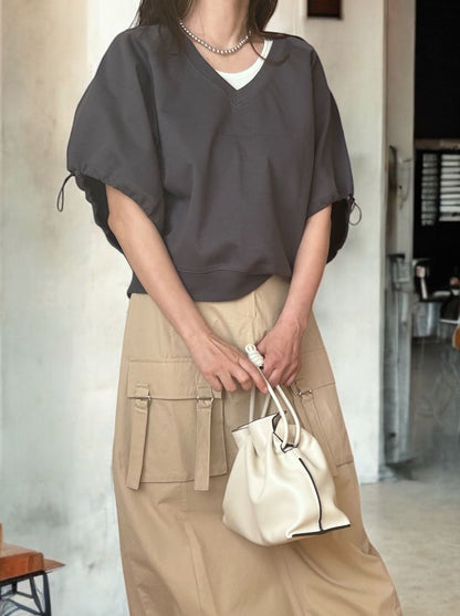 Drawstringsh short sleeve Vネックトップス