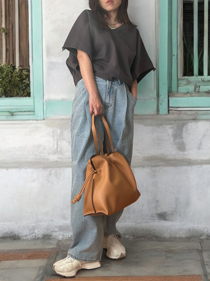 Drawstringsh short sleeve Vネックトップス