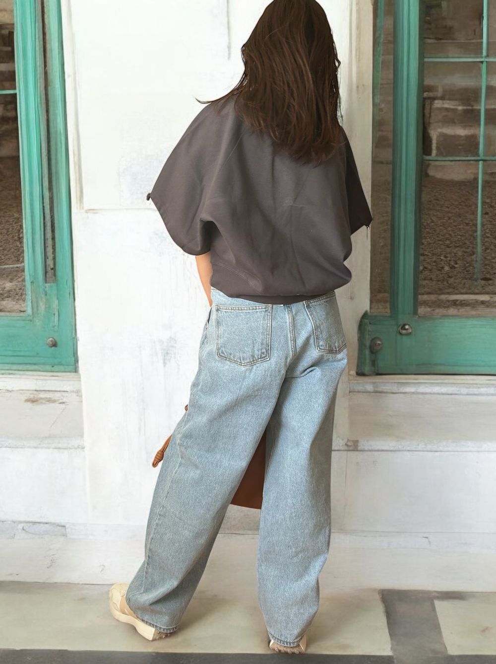 Drawstringsh short sleeve Vネックトップス