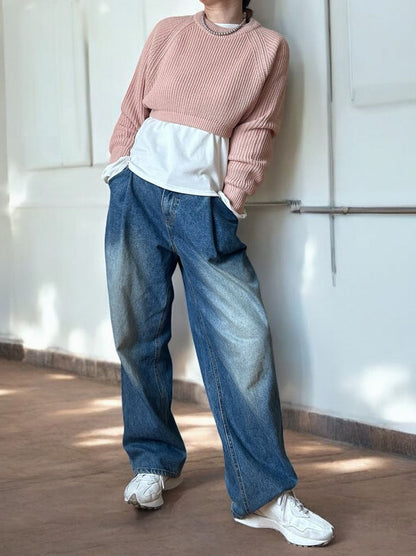Cropped rib クルーネックニット