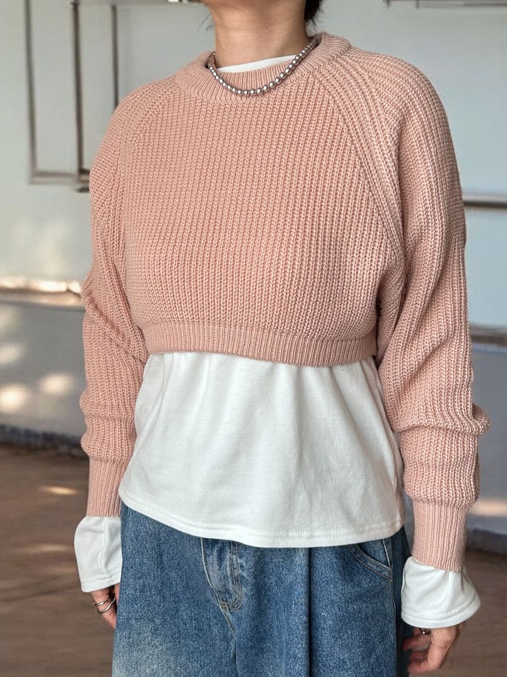 Cropped rib クルーネックニット