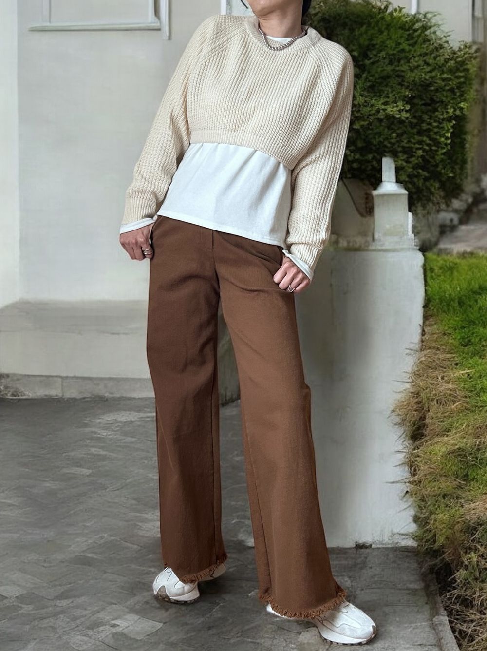 Cropped rib クルーネックニット