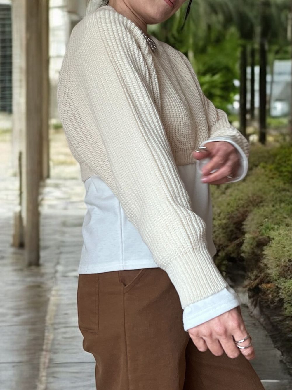Cropped rib クルーネックニット