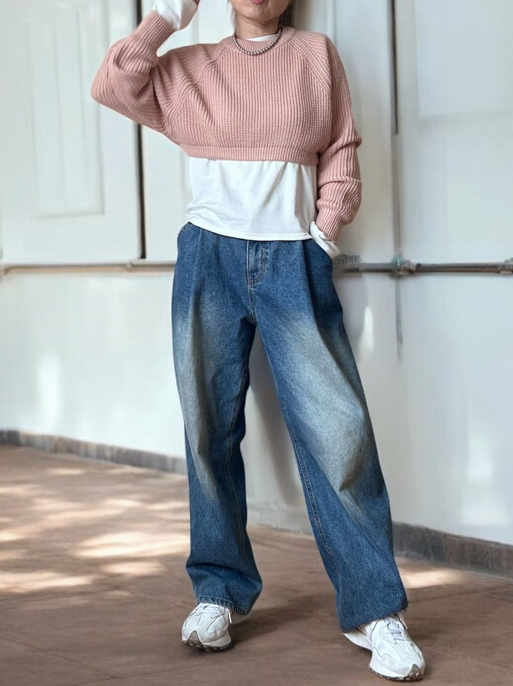 Cropped rib クルーネックニット