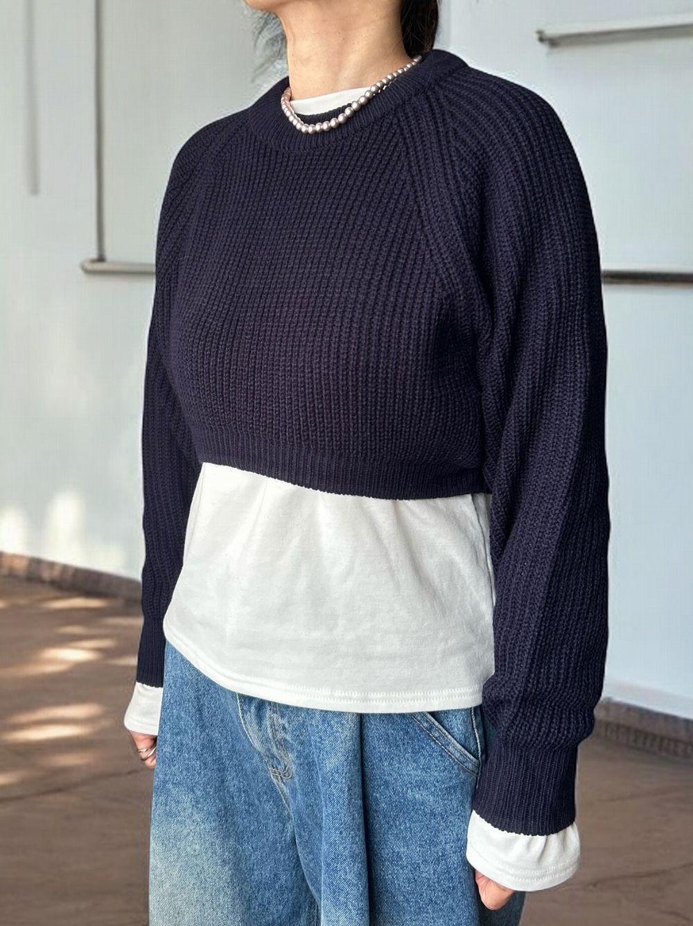 Cropped rib クルーネックニット