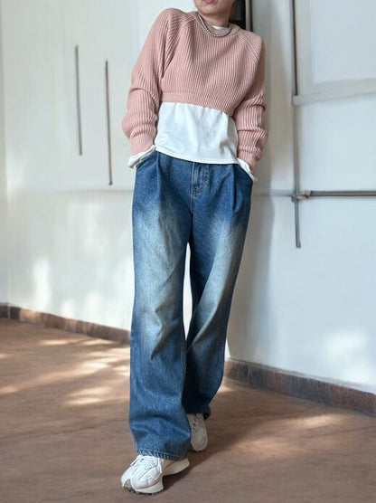Cropped rib クルーネックニット