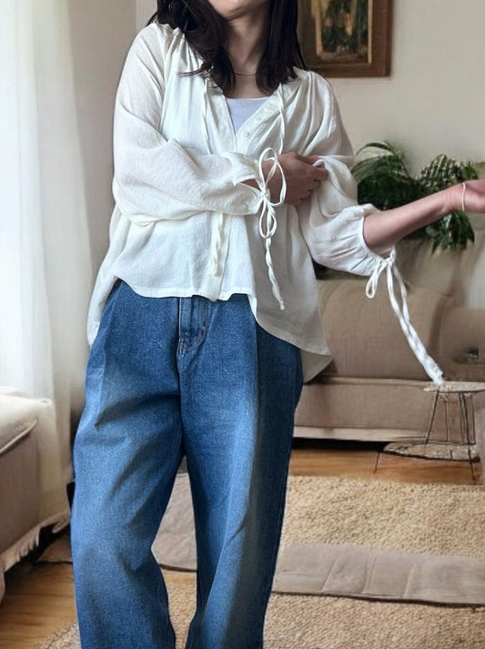 Sheer pleats ボウタイブラウス