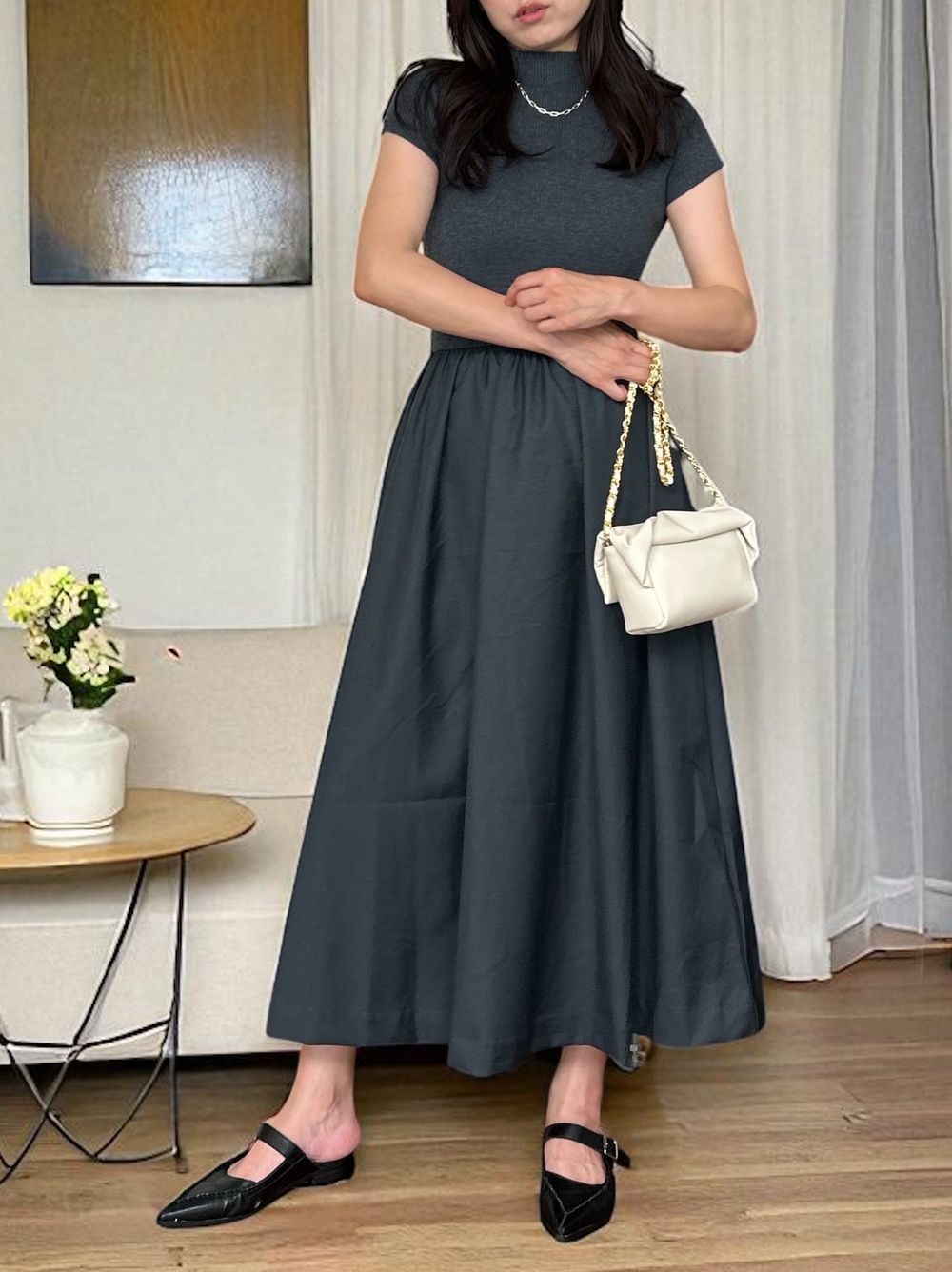 Back open リブニットドッキングワンピース