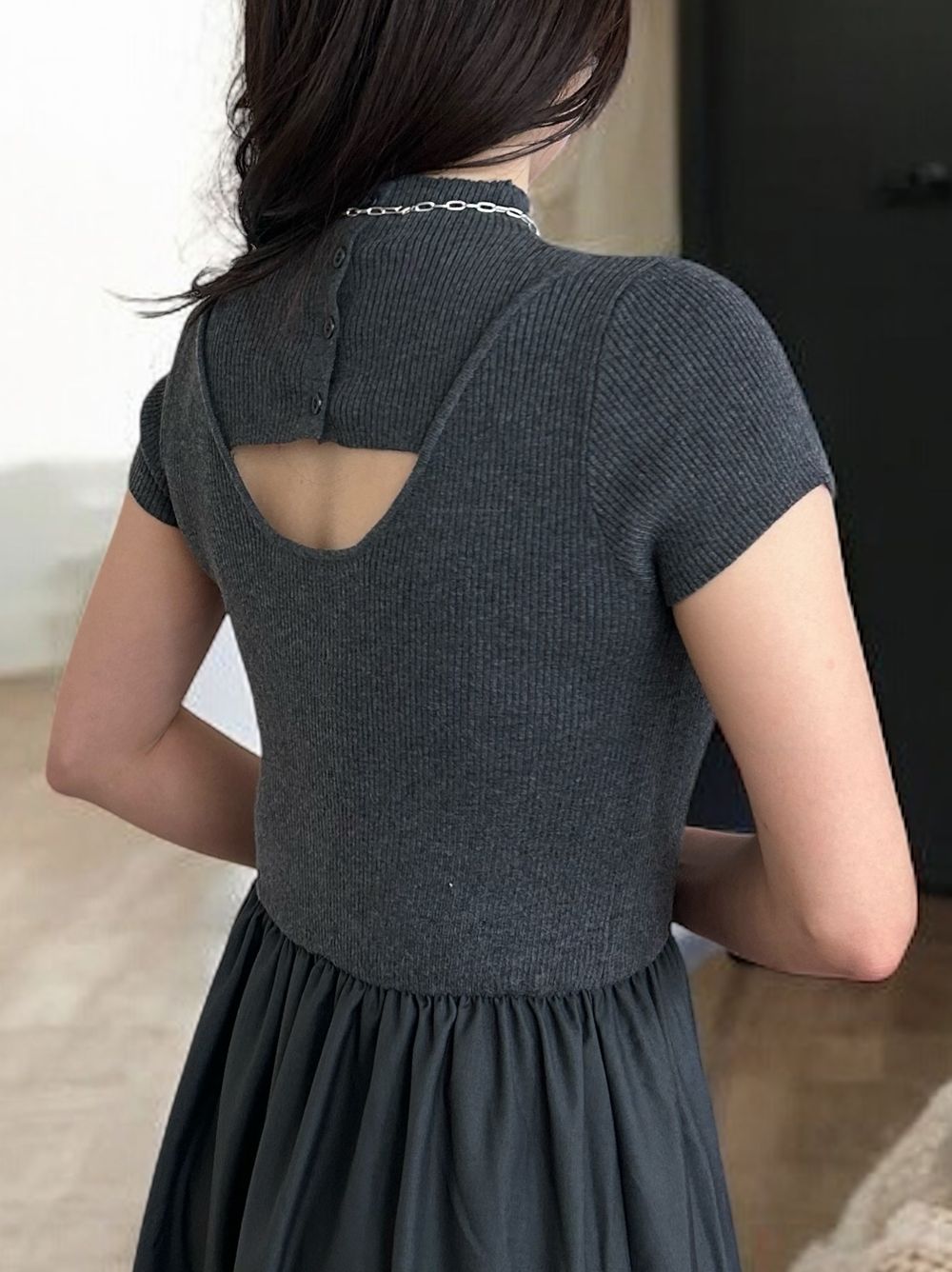 Back open リブニットドッキングワンピース