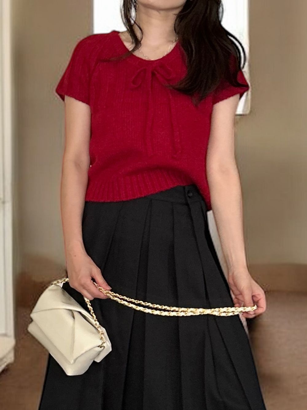 Front ribbon ラウンドネックニット