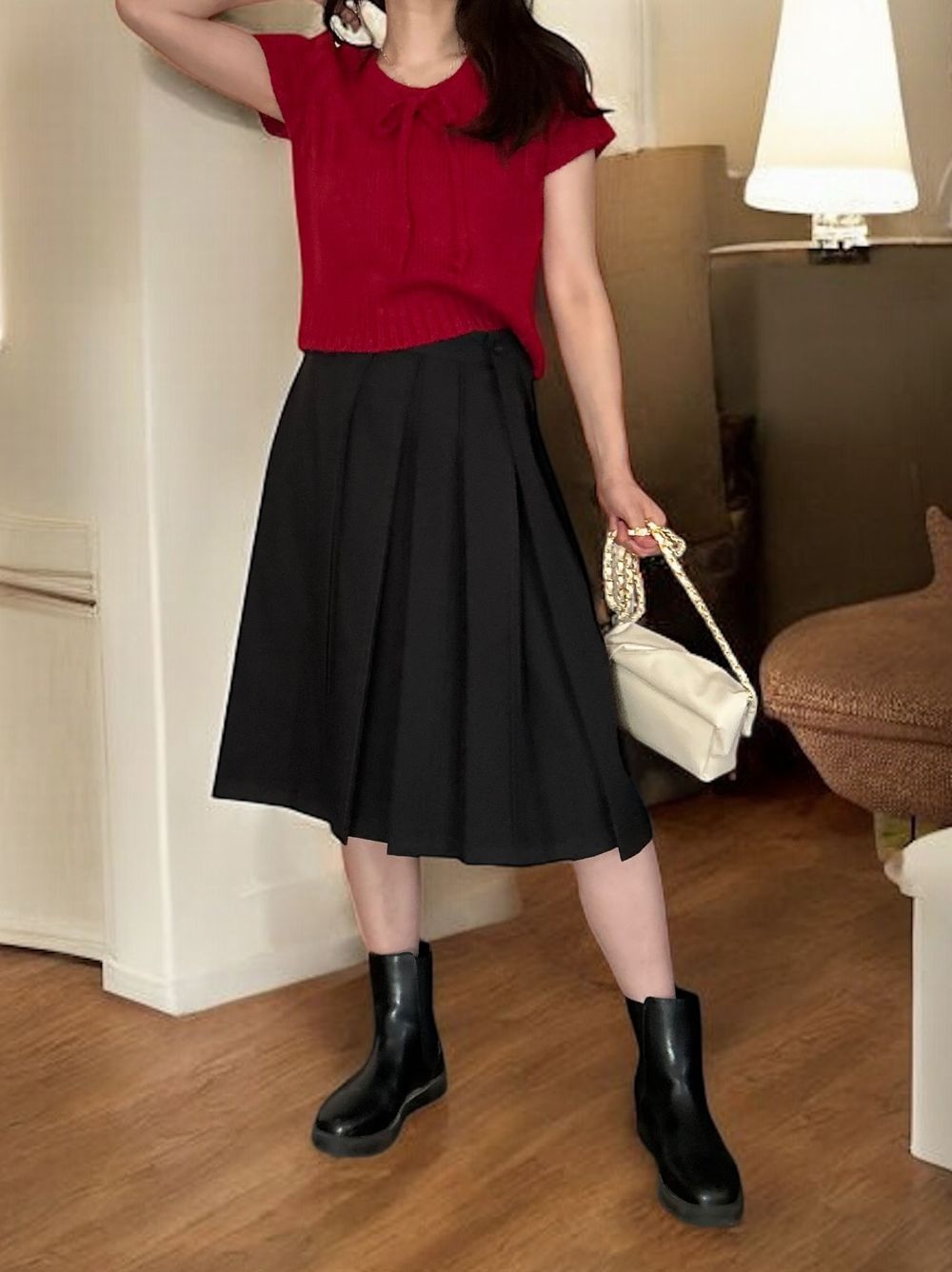 Front ribbon ラウンドネックニット