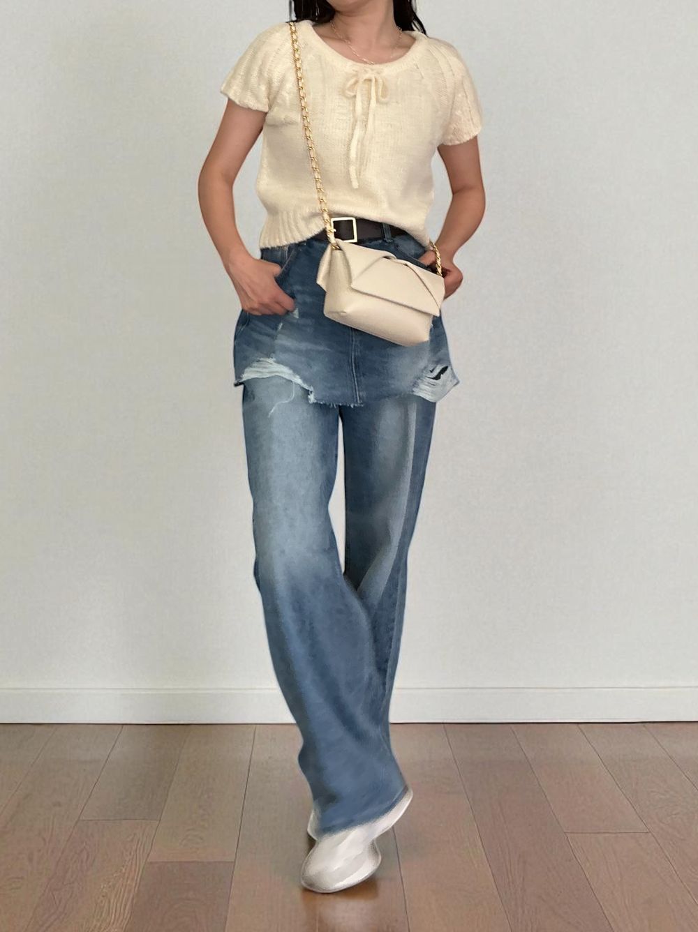 Front ribbon ラウンドネックニット