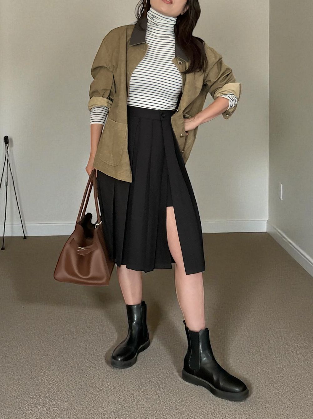 Chalk stripe wool blended ニットタートルトップス