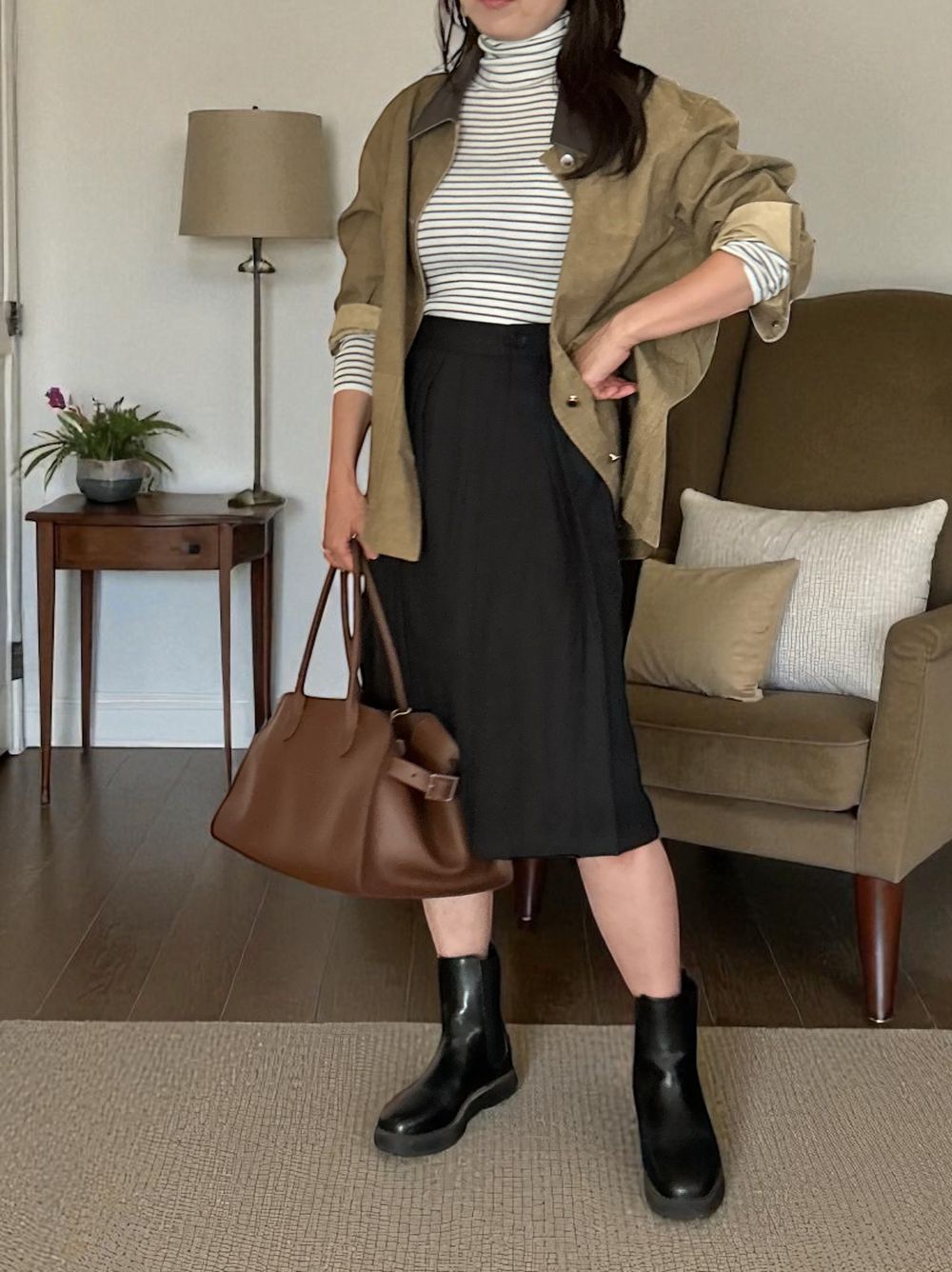 Chalk stripe wool blended ニットタートルトップス