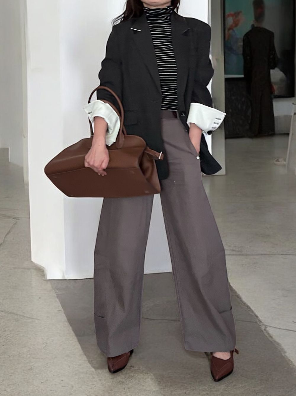 Chalk stripe wool blended ニットタートルトップス