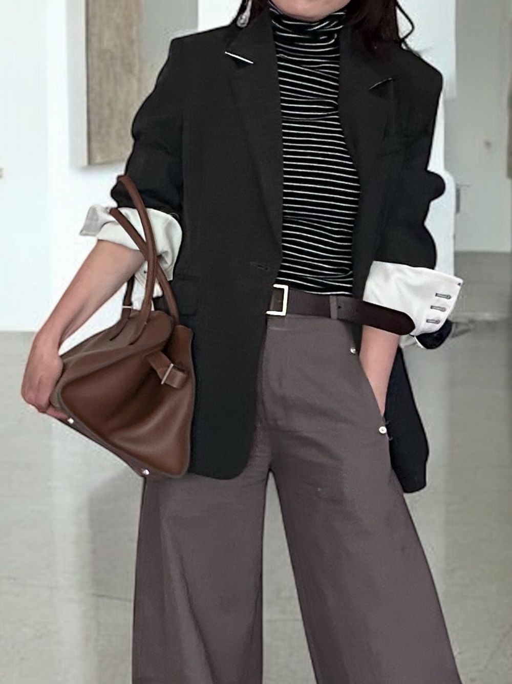 Chalk stripe wool blended ニットタートルトップス