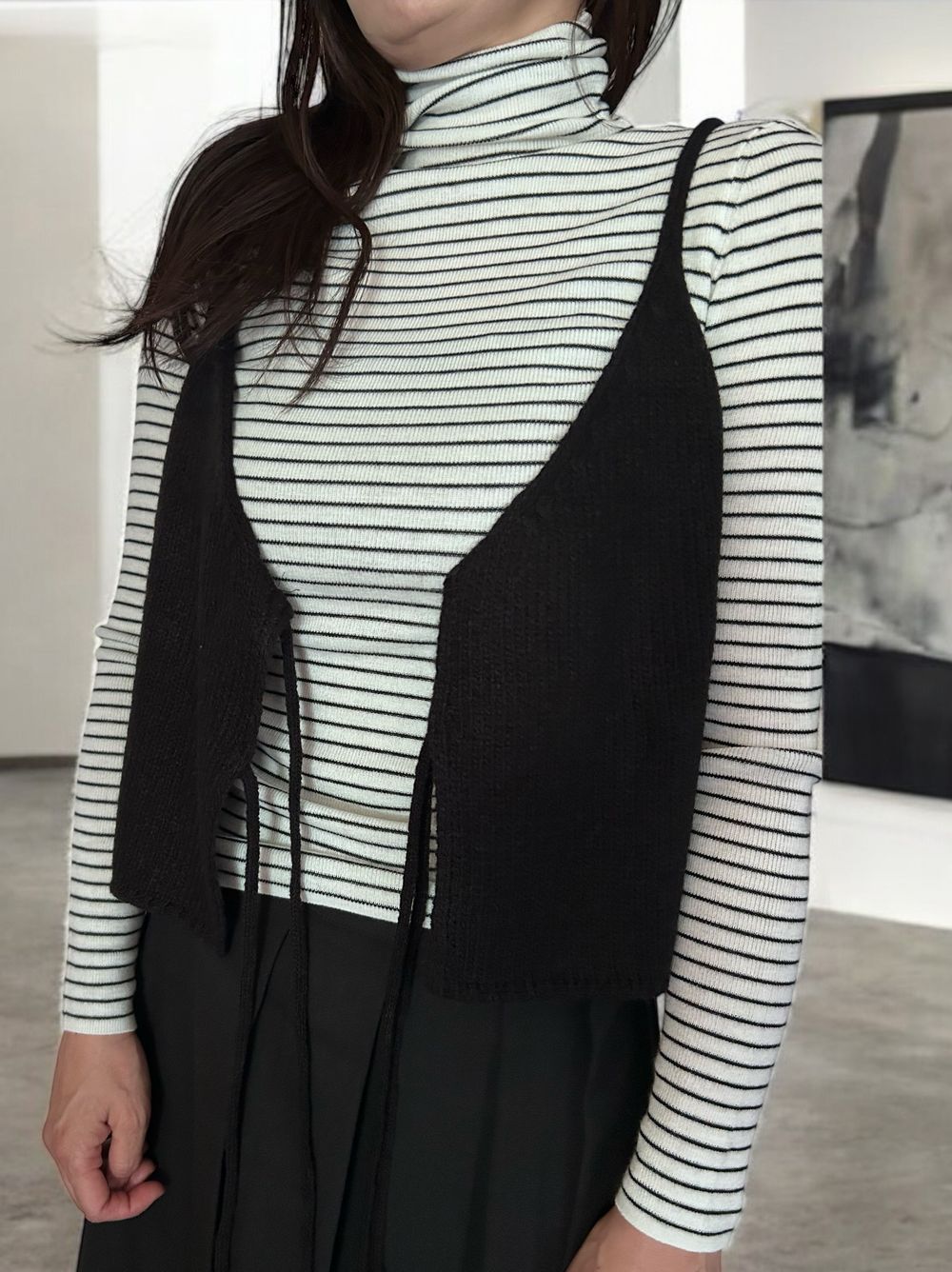 Chalk stripe wool blended ニットタートルトップス