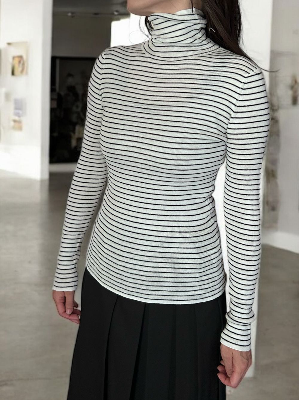 Chalk stripe wool blended ニットタートルトップス