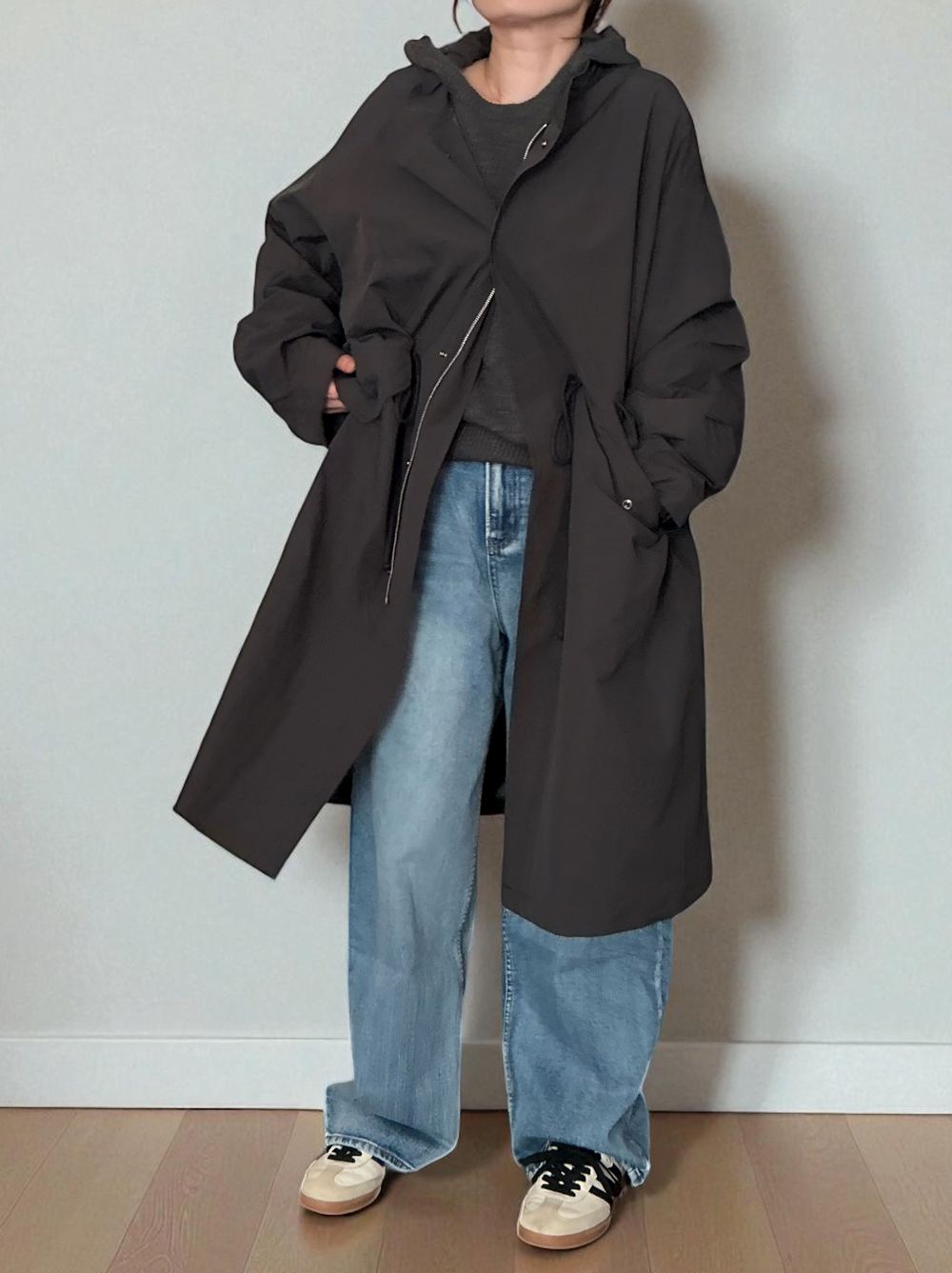 Waist Drawstring スタンドカラーナイロンコート