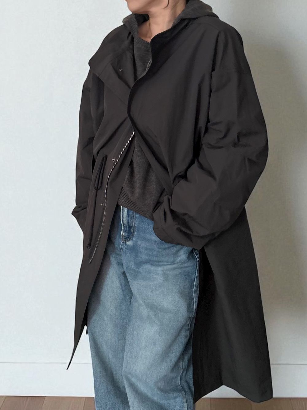 Waist Drawstring スタンドカラーナイロンコート