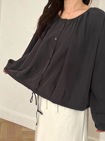 Suede like ギャザーラウンドネックブラウス