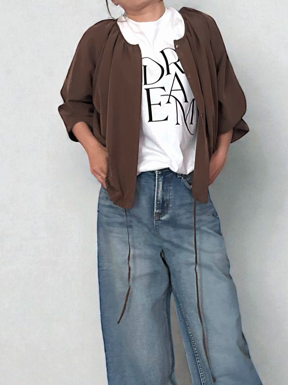 Suede like ギャザーラウンドネックブラウス