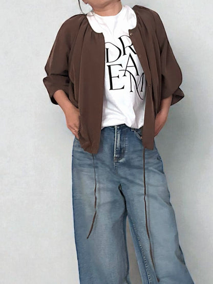 Suede like ギャザーラウンドネックブラウス