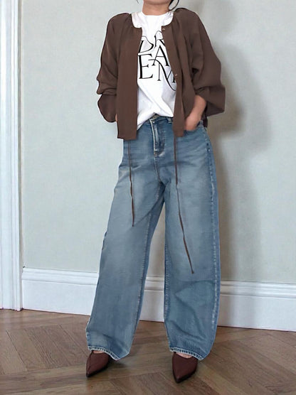 Suede like ギャザーラウンドネックブラウス