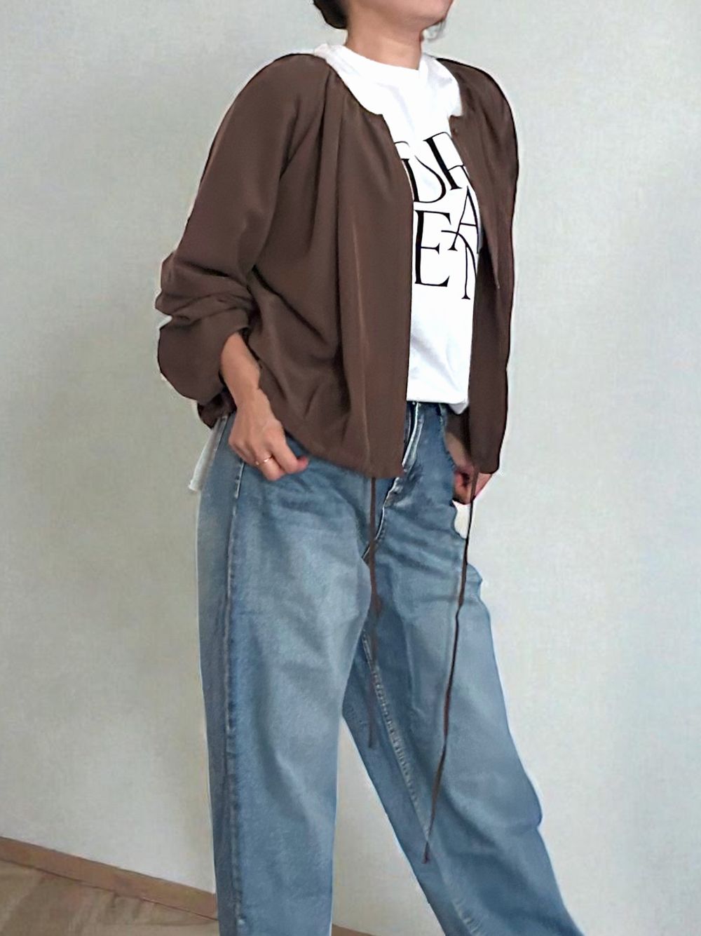 Suede like ギャザーラウンドネックブラウス